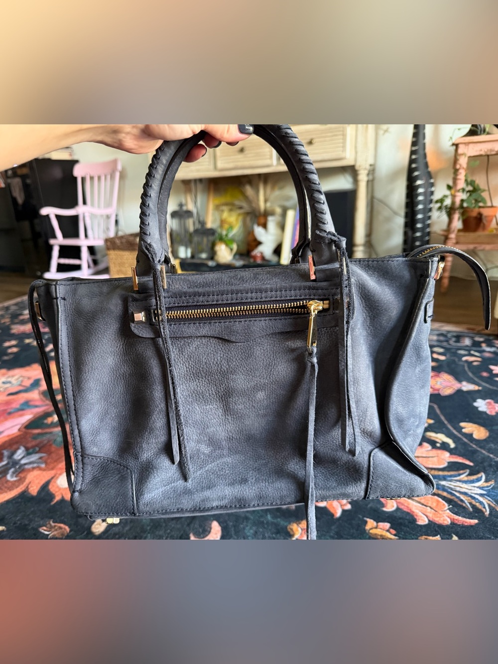 Rebecca Minkoff Navy Leather Moto Satchel with Gold Hardware